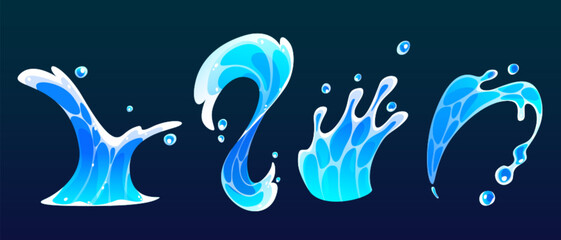 Wall Mural - cartoon water splash and surf wave. cute comic sea or ocean liquid swirl effect with spray and drops