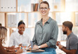 © peopleimages.com - Meeting, happy and portrait of business woman with team for planning, discussion and collaboration. Creative startup, office and female boss with staff for project, working together and company pride