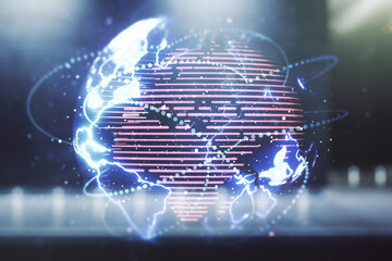Wall Mural - double exposure of abstract digital world map hologram with connections on contemporary business cen
