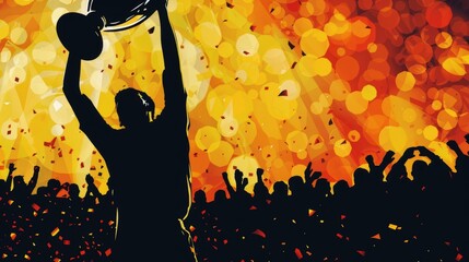 A dramatic silhouette of a player lifting the Euro trophy, with a crowd of thousands in the background. 