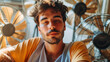 © Keitma - Portrait of a young man with several fan around him to reduce summer heat and get some fresh air