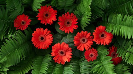 Canvas Print - At the center of a lush green backdrop lies a strikingly large bouquet featuring vibrant red gerbera daisies all beautifully captured from an aerial perspective This picturesque scene is pe