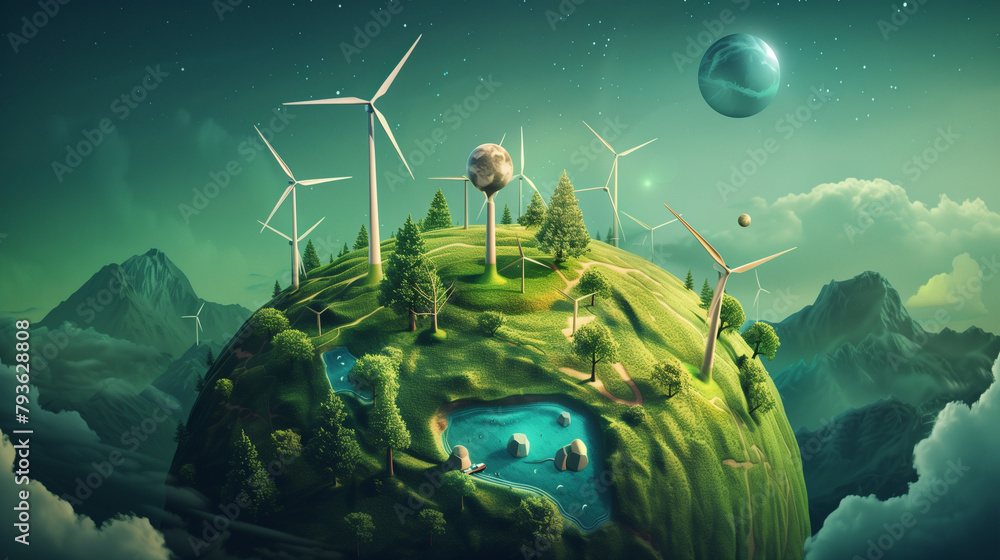 A globe surrounded by renewable energy symbols like solar panels, wind ...