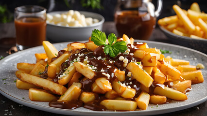 Wall Mural - Canadian fish and chips, British cuisine with spicy sauce sprinkled on the surface, concept of a fast food restaurant