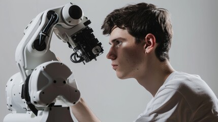 Wall Mural - A young male engineer in casual attire, examining a robotic arm, showing focus and curiosity, against a plain background, styled as a tech innovation shot.