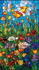 Wall Mural - Stained glass decoration art of meadow with colorful flowers, golden lines, Abstract background.