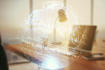 Wall Mural - multi exposure of abstract graphic coding sketch with world map on modern computer background, big d