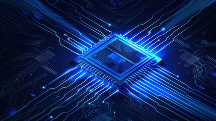 futuristic microchip CPU circuit board with blue light technology