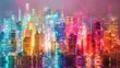Glowing neon cityscapes radiating with energy and vibrancy, set against the purity of white