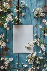 Wall Mural - White card surrounded by flowers on blue wooden table