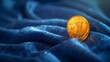 concept of fortune with a golden coin resting on a bed of plush velvet, casting a warm, inviting glow, captured in high resolution against a deep royal blue background.