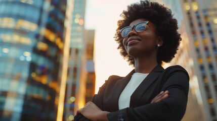 Successful Black Businesswoman Standing in Modern Big City Skyscraper - Wealthy Rich Woman
