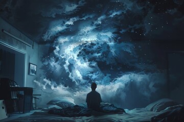 Wall Mural - Insomniac staring at the ceiling, lost in thought as sleep continues to evade them