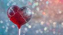 Cracked Red Heart Lollipop On A Glittering Background Symbolizing Lost Love. 