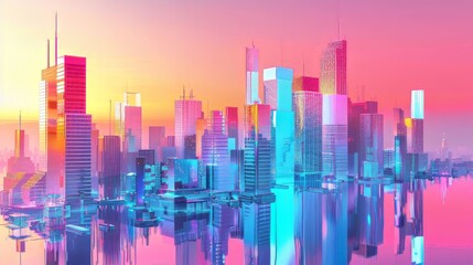 Wall Mural - Modern metropolises depicted in stunning neon colors, contrasting beautifully with the simplicity of white