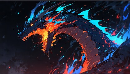 Wall Mural - abstract dragon blue flame burning sparks effects art anime cartoon style background from generative