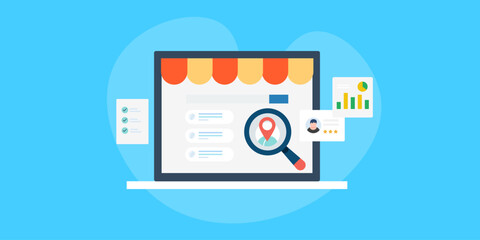 Wall Mural - inspecting business profile on search engine, keyword ranking, customer review and performance data 
