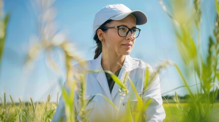 Wall Mural - Agricultural scientist in a field, practical, inspecting crops, care and attentiveness, styled as a clear, sunny day portrait.