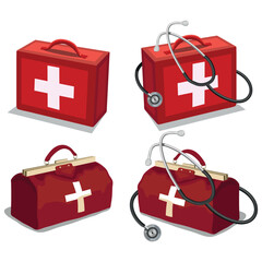 Doctor bag and stethoscope. Nurse's kit. Online doctor. Medical concept. Stethoscope logo. First aid kit. Doctor's tools isolated on white background. Medical equipment. Health care. Vector artwork