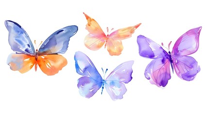 Wall Mural - Colorful butterflies watercolor isolated on white background. Blue, orange, purple and pink butterfly. Spring animal vector illustration