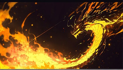 Wall Mural - abstract dragon yellow flame burning sparks effects art anime cartoon style background from Generative AI