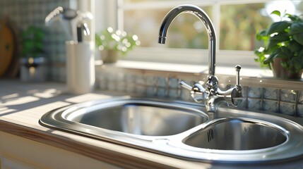 Wall Mural - Close up of kitchen sink with faucet, home kitchen interior, 3d render 