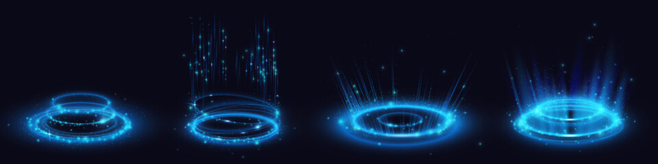 Wall Mural - blue light portal effect with magic neon glow. tech hologram teleport. energy ring for game. 3d powe