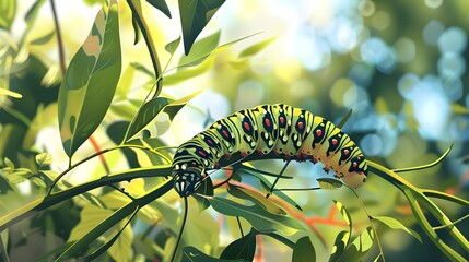 Wall Mural - butterfly caterpillar Papilio machaon on a forest plant on a summer day