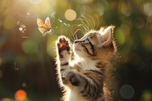 A Kitten Uses Its Tiny Paw To Hit A Butterfly.