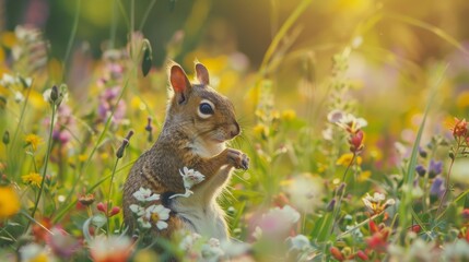 A squirrel sitting in a field of flowers