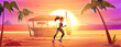 Young woman in sportswear running along sea or ocean beach on sunset or sunrise. Cartoon vector illustration of active female character jogging on seaside promenade for lifestyle lifestyle concept.