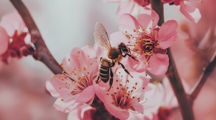 Wall Mural - Bee on a pink flower