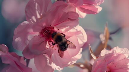 Wall Mural - Bee on a pink flower