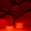 Abstract scene for presentation cosmetic products mockup - two round cylinder podiums in dark red glowing light, circles as geometric decor. Template for showing, displaying in love passion style.