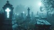 Foggy graveyard with eerie glowing tombstones and a ghostly apparition floating