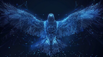 Wireframe of an eagle has spread its wings. Polygonal eagle of blue lines on a dark background. AI generated