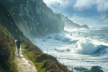 People Jogging Along The Coastal Path. With Crashing Waves And Seagulls