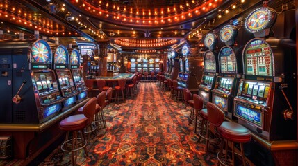 Slot Machine Backgrounds: A photo of a casino interior with slot machines and gaming tables