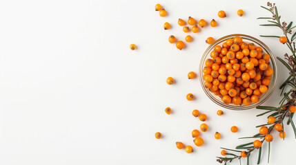 Sticker - Blackthorn berries in a bowl on a white table aerial view space on the left