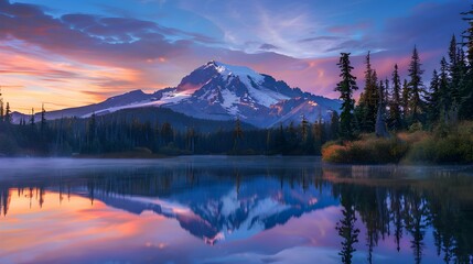 alpenglow on mountain summit at sunset with reflection in lake