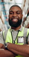 Poster - Black man, portrait and confidence in warehouse for shipping, inspection and maintenance. Supervisor, happy and supply chain in factory for compliance, logistics or inventory with stock in industry