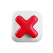 Vector 3d red cross x realistic icon. Trendy plastic wrong red check mark, delete sign on white background. No vote square button. 3d render not approved symbol, error, failed sign for web, app