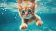 Hilarious underwater scene kitty in pool plays deep dive action, Ai Generated.