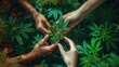 Cannabis Harvest Season : Workers gather ripe cannabis buds during the harvest season, their hands deftly navigating through the lush foliage in a ritual of abundance and gratitude.