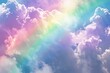 Bright rainbow against a backdrop of fluffy cumulus clouds on a transparent white background, evoking a sense of wonder