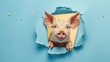 A humorous pig peers through a ripped hole in a contrast pastel color paper background, Ai Generated
