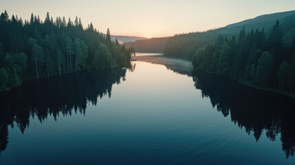 Wall Mural - Aerial view of sunrise over a calm lake surrounded by forest, peaceful morning light on the water