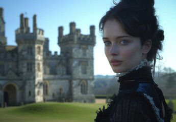 Poster - a beautiful woman in Victorian standing outside an English castle