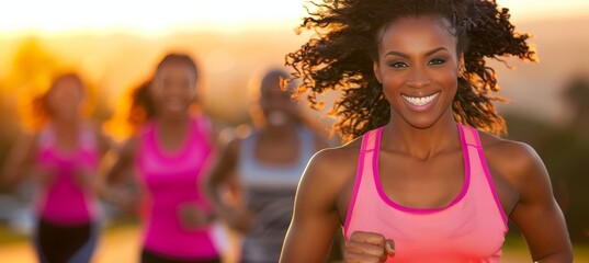 Wall Mural - Joyful friends in sportswear running outdoors against urban skyline during golden hour