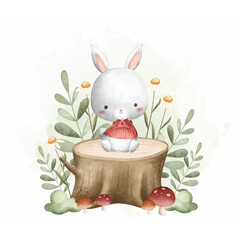 Wall Mural - Watercolor Illustration Cute Rabbit Sits on Log Wood with Leaves and Mushrooms